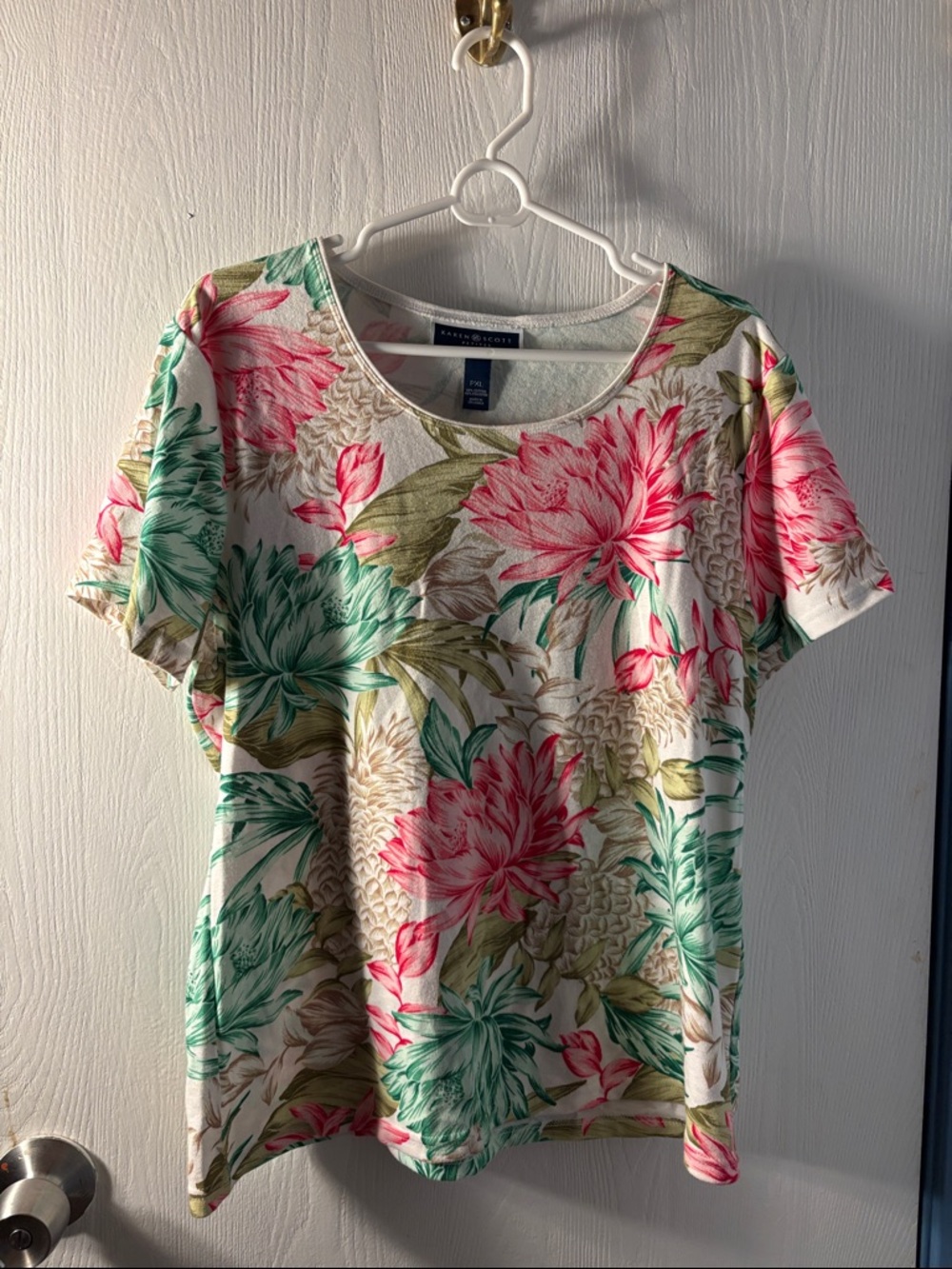 Karen Scott White Floral Short-Sleeve Tee with Pink & Green Accents